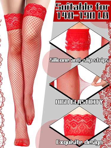 Image of Bencailor 4 Pairs Fishnet Thigh High Stocking for Women Silicone Lace Top Sheer Over Knee High Silky Stockings