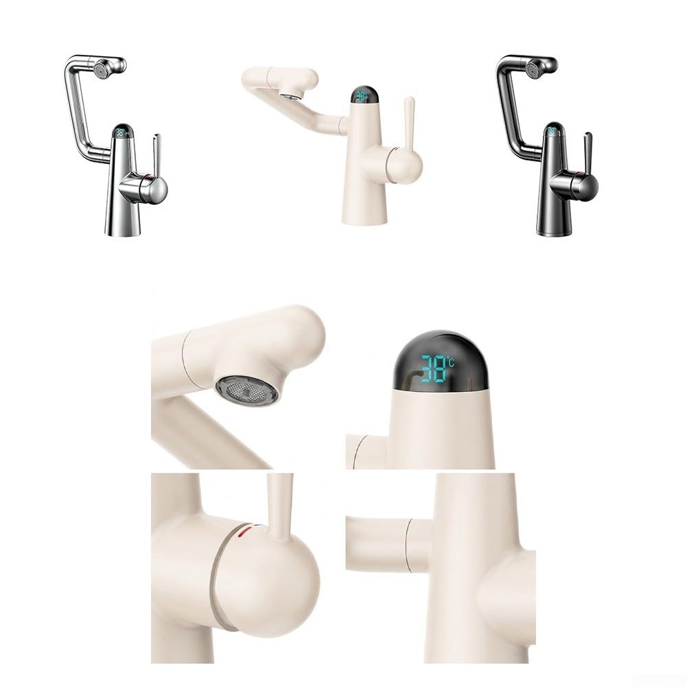 Grifo de baño de cobre con indicador LED de temperatura, robot (blanco)