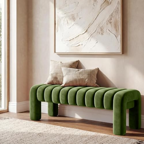 Scingu 43.3 Dining Room Bench Olive Green Tufted Upholstered End of Bed Bench Modern Entryway Ottoman Window Seat with Solid Wood Legs and Padded Seat for Bedroom Hallway and Living Room (Velvet)