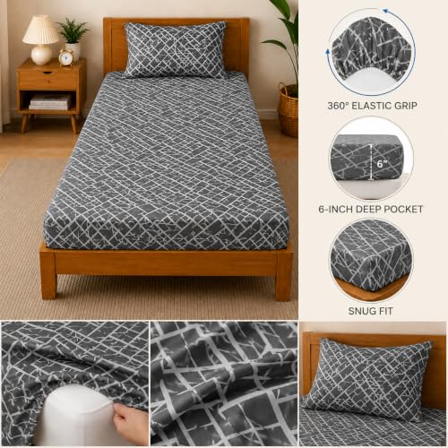 Image of Cotton Elastic Fitted Bedsheets with 1 Pillow Covers | Floral Printed Single Bed Elastic 220 TC Supersoft Breathable & Wrinklefree | for 36x72+6 Inches, Home Style Graphite Grey Abstract