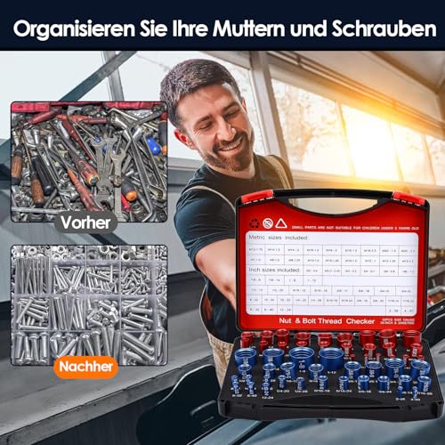 WODHMIEY Schrauben Gewinde Prüfer Set 52 Teilig Abnehmbar Schraubenmutter Schraubenkontrolle Schnell Präzise Identifikation Werkstatt Garage Heimgebrauch Aluminium Aufbewahrungsbox 28 Zoll 24 Metrisch