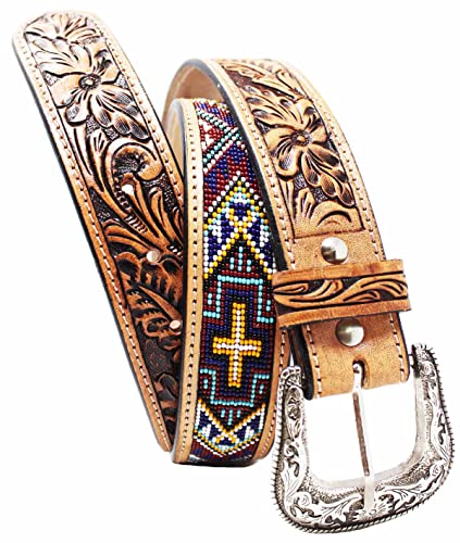 Western 1-3/4" Tapered Cross Beaded Floral Tooled Leather Belt 26FK29T2
