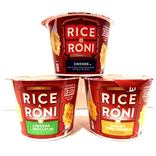 Rice A Roni Single Serve Microwaveable Cups VARIETY 6 PACK + FREE Pack of Heavy Duty Plastic Utensils. 2 Cups each of CHICKEN, CREAMY FOUR CHEESE, CHEDDAR BROCCOLI.