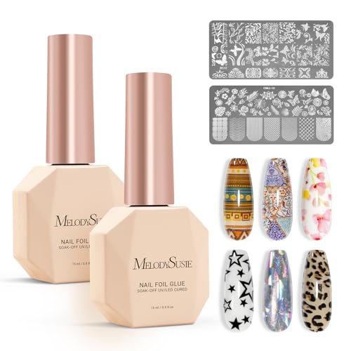 Image of MelodySusie 2PCS Nail Foil Glue Gel and 2PCS Stamping Plates, 15ML Soak Off LED /LUV Foil Transfer Adhesive for Nail Art, Professional Strong Sticky Base for Nail Foils & Stickers