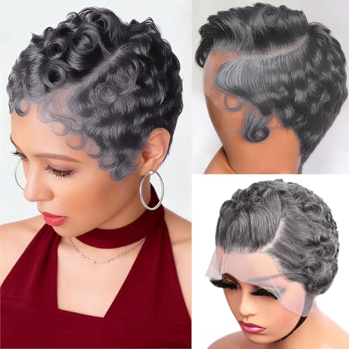 Dark Grey Curly Pixie Cut 13x4 Lace Front Wig 100%