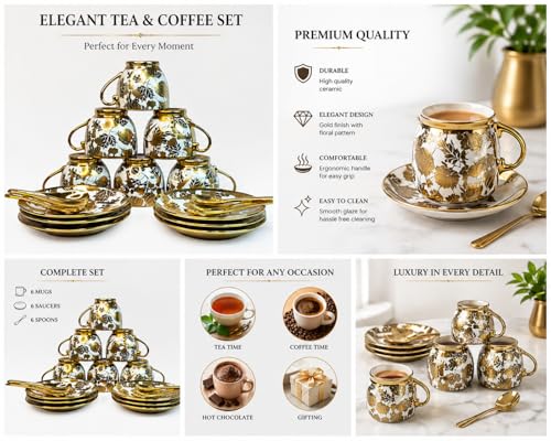 Image of Premium Ceramic Tea Set - 18 PCS | Elegant Gold-Plated Tea Cup Set with 6 Cups, 6 Saucers, 6 Spoons | Ideal for Home, Office, and Parties (Blue)