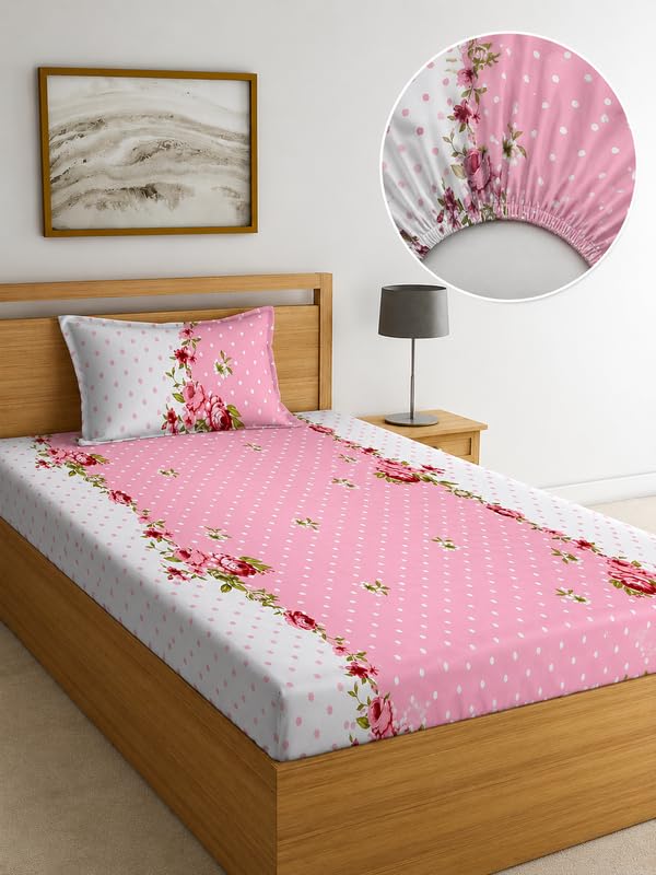 Image of Single Size Fitted Bedsheet with 1 Pillow Cover, Soft Breathable Elastic Bed Sheet for Single Bed, Premium Printed Bedsheet with All Around Elastic - 36 x 72 + 6 Inches, Baby Pink Polka Floral
