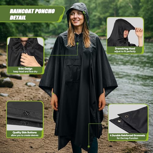 Rain Ponchos for Adults with Pocket, Waterproof Rain Poncho Reusable Hooded Ponchos Raincoat for Hiking Camping3