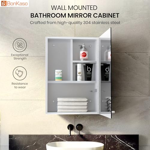 Image of BonKaso Premium Bathroom Cabinet with Mirror | 304 Stainless Steel Wall-Mounted Mirror Cabinet for Wash Basin & Bathroom Storage (12x18 Inch, Chrome Finish)