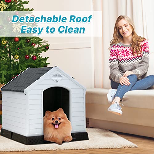 Dog House Indoor Outdoor Waterproof Ventilated Plastic Dog House Pet Shelter Cage with Ventilation and Elevated Flooring, Suitable for Small Medium and Large Dogs, Easy to Assemble, Grey