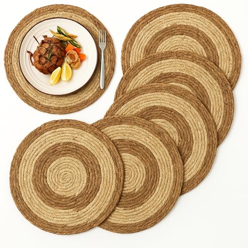 Salvamantel Mimbre Redondo circulos, Mantel Individual, Bajoplatos Redondos, Bajoplatos Mimbre, Apto para el hogar y restaurantes, Resistente al Calor, Diámetro de 30 cm, Pack de 6 Salvamanteles