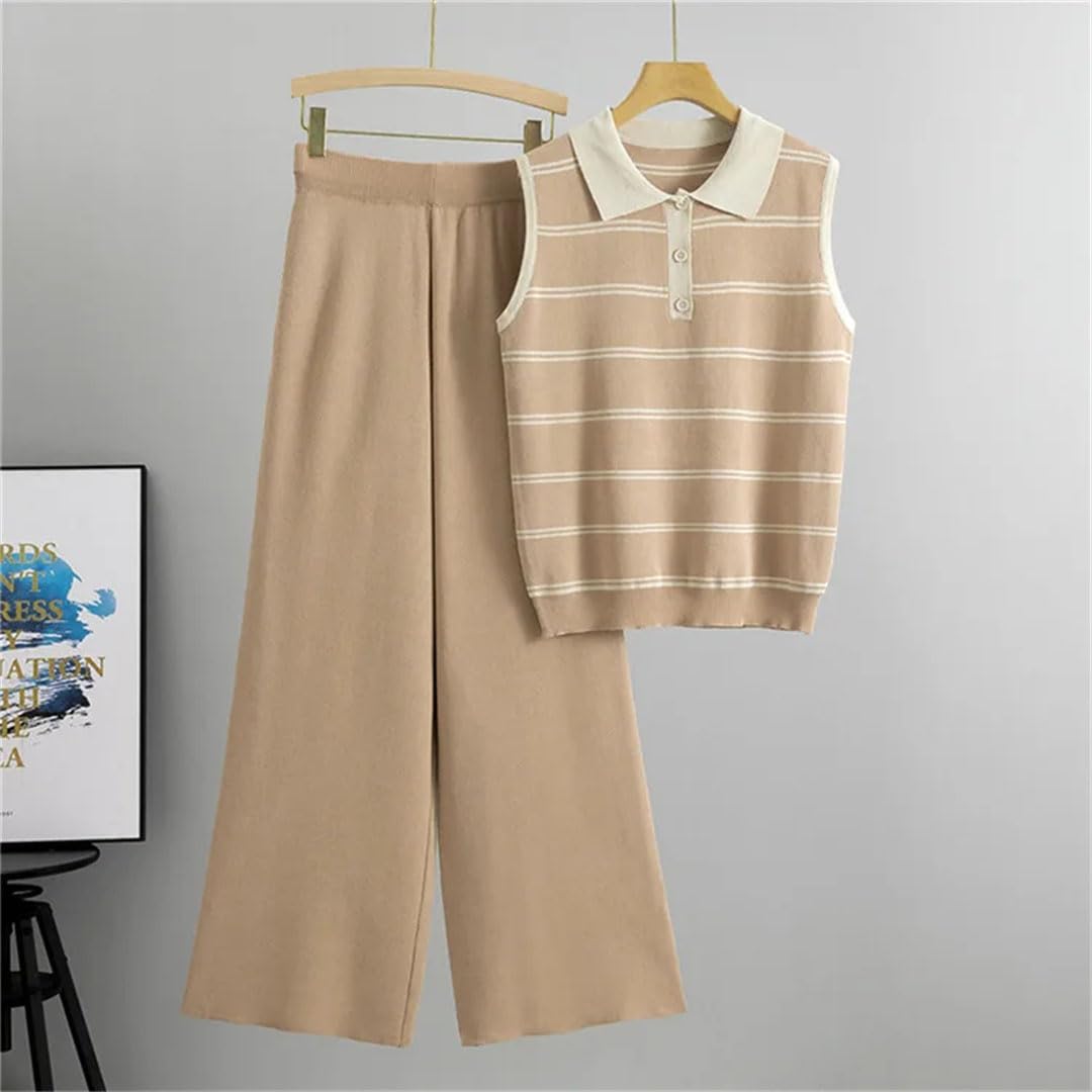 Top a righe da donna in maglia con colletto a polo senza maniche set da 2 pezzi maglieria maglione tee abiti a vita alta gamba larga pantaloni