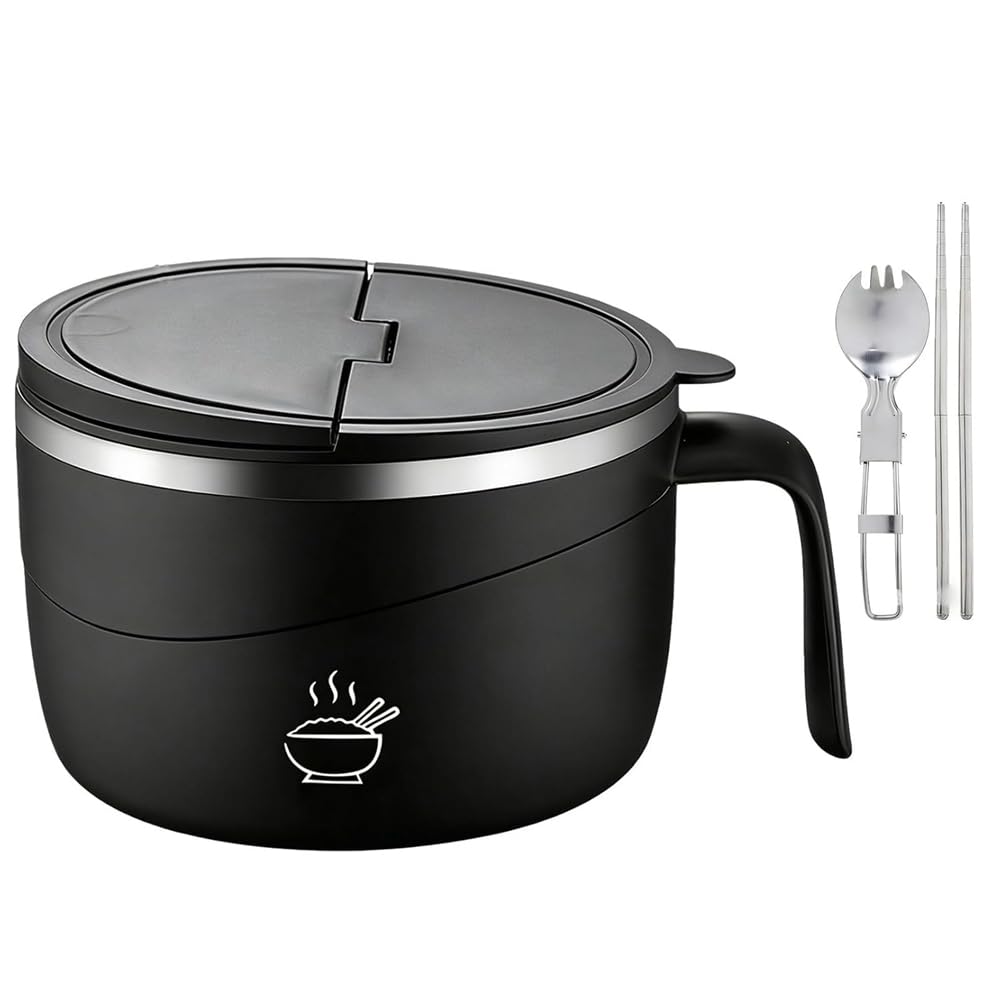 Hndhbfgrt Leak-Proof 1200ml Ramen Bowl, Stainless Steel Noodle Bowls with Handle and Lid, Speedy Ramen Cooker Soup Bowl Black
