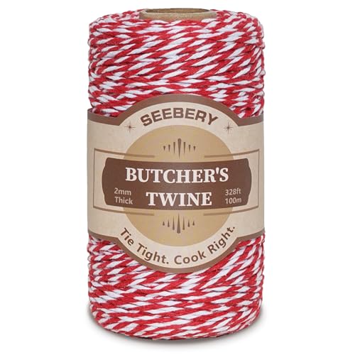 Red and White Butchers Twine – 328Ft 2mm Food Safe Cotton Cooking Twine String for Trussing Turkey, Roasting, Baking, Tying Meat, Pumpkin Bread, Kitchen Use, Christmas Decorations and Gift Wrapping