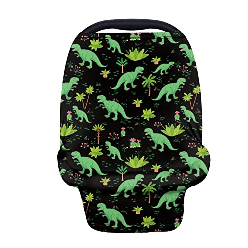 Image of Forchrinse Hawaiian Green Dinosaur Car Seat Cover for Babies Boys Girls Soft Breathable Breastfeeding Nursing Cover Infant Carseat Canopy Stroller Cover Washable