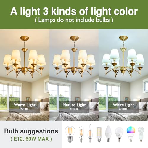Image of 6 Light Chandelier with White Linen Fabric Shades Modern Gold Pendant Ceiling Light Fixture Dining Room Hanging Light for Hallway Kitchen Bedroom Entryway Foyer.