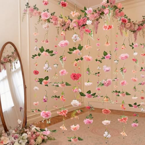 Image of Suncalla 12 Pcs 70.8 ft Wildflower Garland Pre Strung Artificial Hanging Flower Vine Backdrop Decor from Ceiling Floating Silk Floral Garland for Garden Wedding Bridal Shower(Bright,Pink)