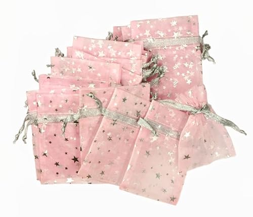 Linpeng Silver Drawstring Organza Jewelry Candy Pouch Christmas Wedding Party Favor Gift Bags, Appro.3X4, Pink With Silver Stars - 25 Pcs #TOP4