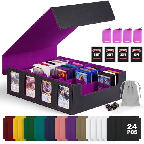 Image of Trading Card Storage Box with Commander Display , 4-Row Deck Case with Removable Lid; 2400+ Card Deck Box for MTG TCG Sports Card, 4 Top Loaders, 4 Stoppers, 24 Dividers,1 Dice Bag (Black Purple)