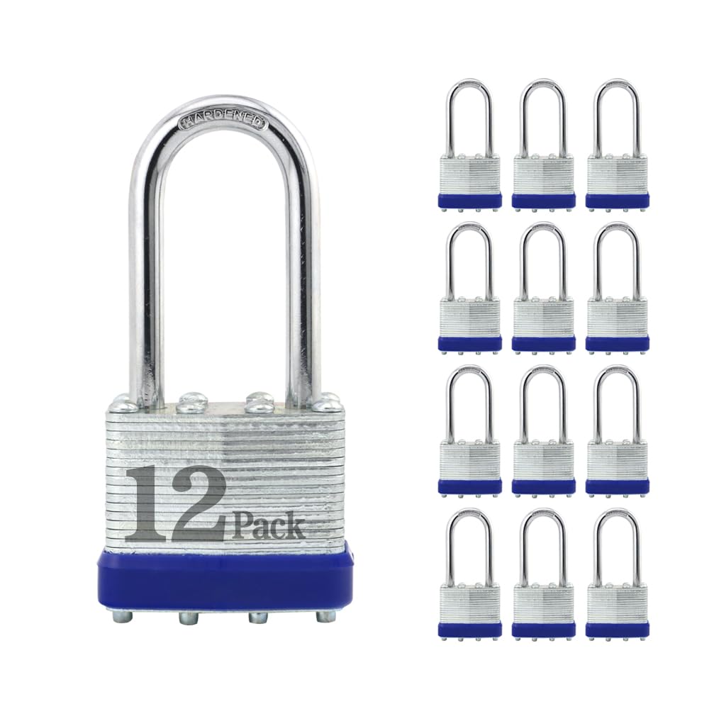 Lucchetti con chiave in acciaio laminato, con chiave simile, lucchetto lungo con grillo – confezione da 12