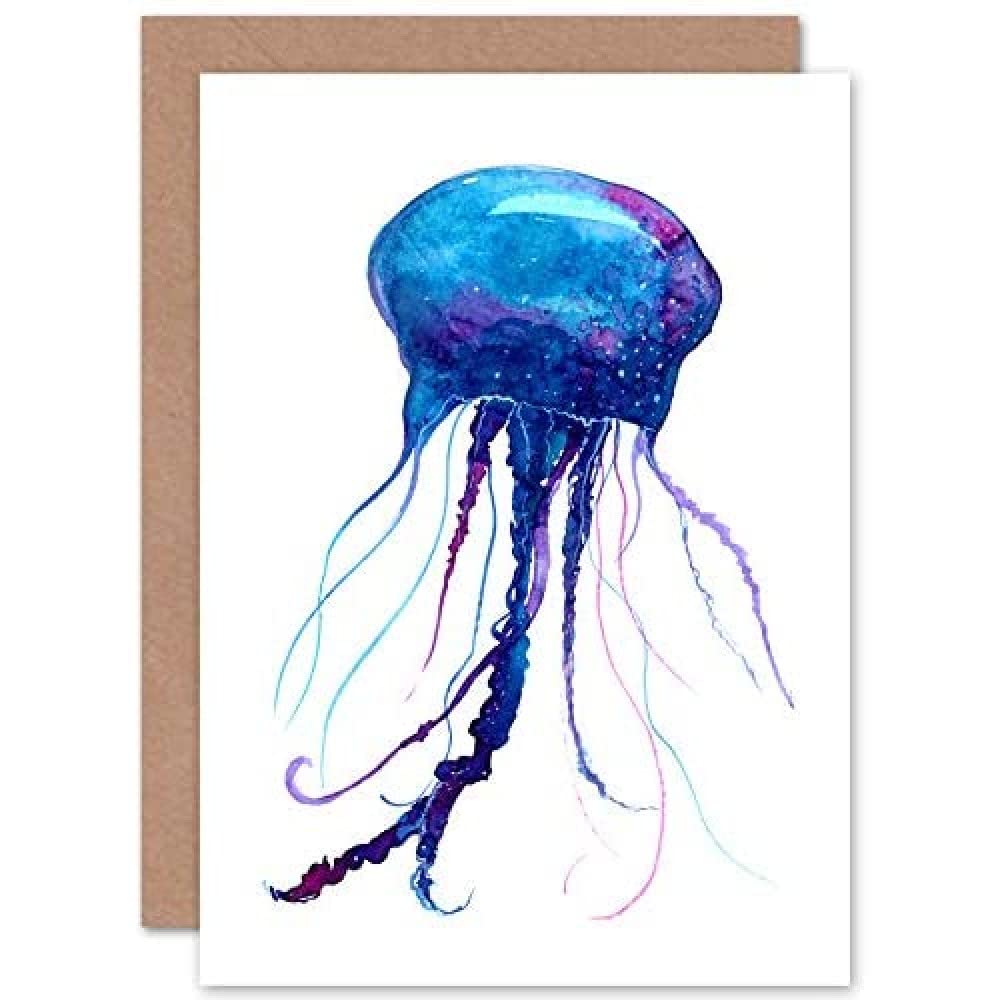 Wee Blue Coo Jellyfish Watercolour Painting Greeting Card With Envelope Inside Premium Quality