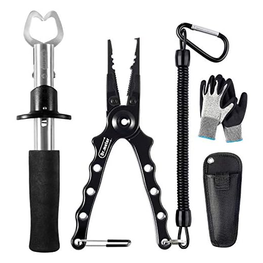 Dr.meter Aluminum Fishing Pliers, Saltwater Resistant Fishing Gear, Tungsten Carbide Cutters Split Ring Pliers Hook Remover Fish Holder with Fish Lip Gripper and Fishing Gloves [3 pcs]