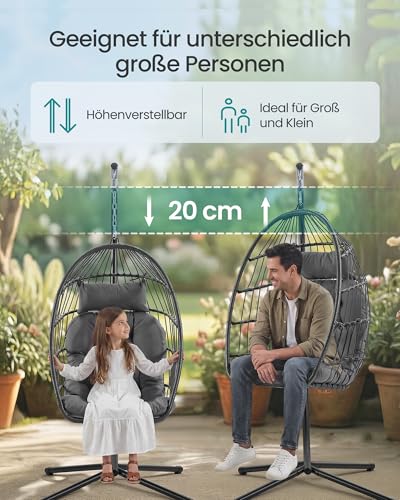SONGMICS Hängesessel mit Gestell, Hängeschaukel Outdoor, Korbsessel, Korb klappbar und abnehmbar, Hängestuhl höhenverstellbar, Seitentasche, Kissen, Wohnzimmer Garten Balkon, grau GDC050GZ01 5
