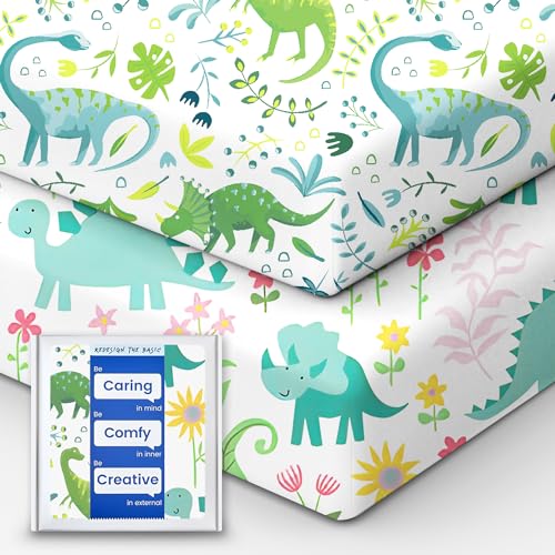 Image of Dinosaur Crib Sheets for Boys, Premium Soft Crib Mattress Fitted Sheet, Ultra Breathable Baby Sheets, Super Stretchy Baby Bed Sheets 28x52x9 Extra Deep Pocket, 2 Pack