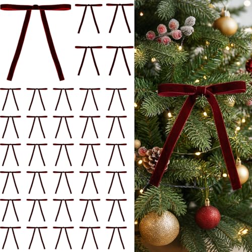 Crossunx 36 Pcs Burgundy Velvet Christmas Tree Bows Decor, Vintage...