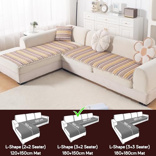Image of HOKIPO L Shape (3+2 Seater) Sofa Cover Seat Mat | 300 GSM Cotton Acrylic Jacquard Fabric with Tassel, 'Trivana Series' Chocolate Brown (IN-936+935-J4)
