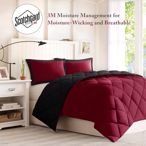 Image of Madison Park Comforter Set, Reversible Down Alternative All Season Microfiber Bedding, 3M Scotchgard Stain Release, King /Cal King Dorm Comforter, Red /Black
