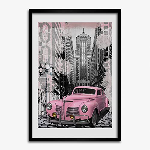Tableau cadre en bois 50x70 cm Tulup voiture rose pour décoration salon moderne