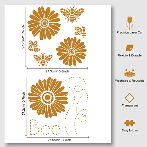NBEADS 2 Pcs Daisy Bee & Spring Stencils, Reusable Plastic DIY Art & Craft Stencils, 30x30cm for Painting on Wood Canvas - Image 3