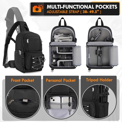 RAINSMORE Camera Bag Small DSLR & Mirrorless Camera Case for Photographers Waterproof Sling Crossbody Camera Bag with Removable Padded Insert & Tripod Holder for Canon/Nikon/Sony/Fuji, Black - Thumbnail 3