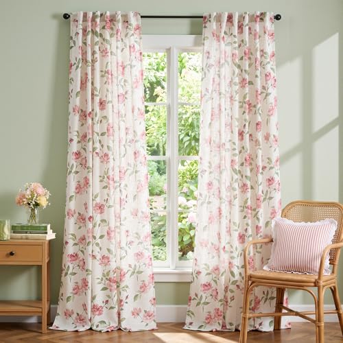 Image of jinchan Pink Floral Linen Curtains 96 Inch Cottagecore Back Tab 2 Panels | Light filtering drapes, semi sheer, farmhouse, watercolor, romantic, living room, bedroom, rod pocket, window treatment