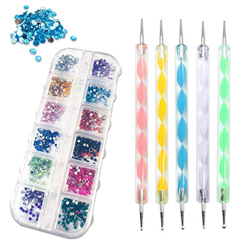 1200 Pieces Face Gems Eyes Jewels for Makeup Rhinestone + 5 Pack Double Ended Art Dotting Tool, Flatback Rhinestone Colored Eye Gems Crystal for Nail Art Body Hair Eye Makeup Crafts Decoration