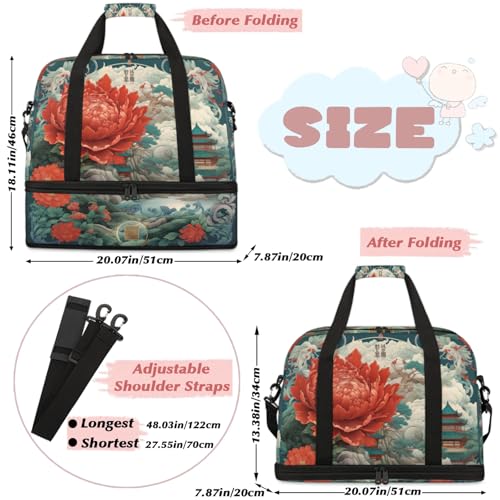 Large Weekender Overnight Bags Travel Duffel Bag for Women Men Flowers Red Peony Gym Bags With Shoe Compartment Foldie Travel Tote Bag Carry On Personal Item Bag for Travel Gym Sports2