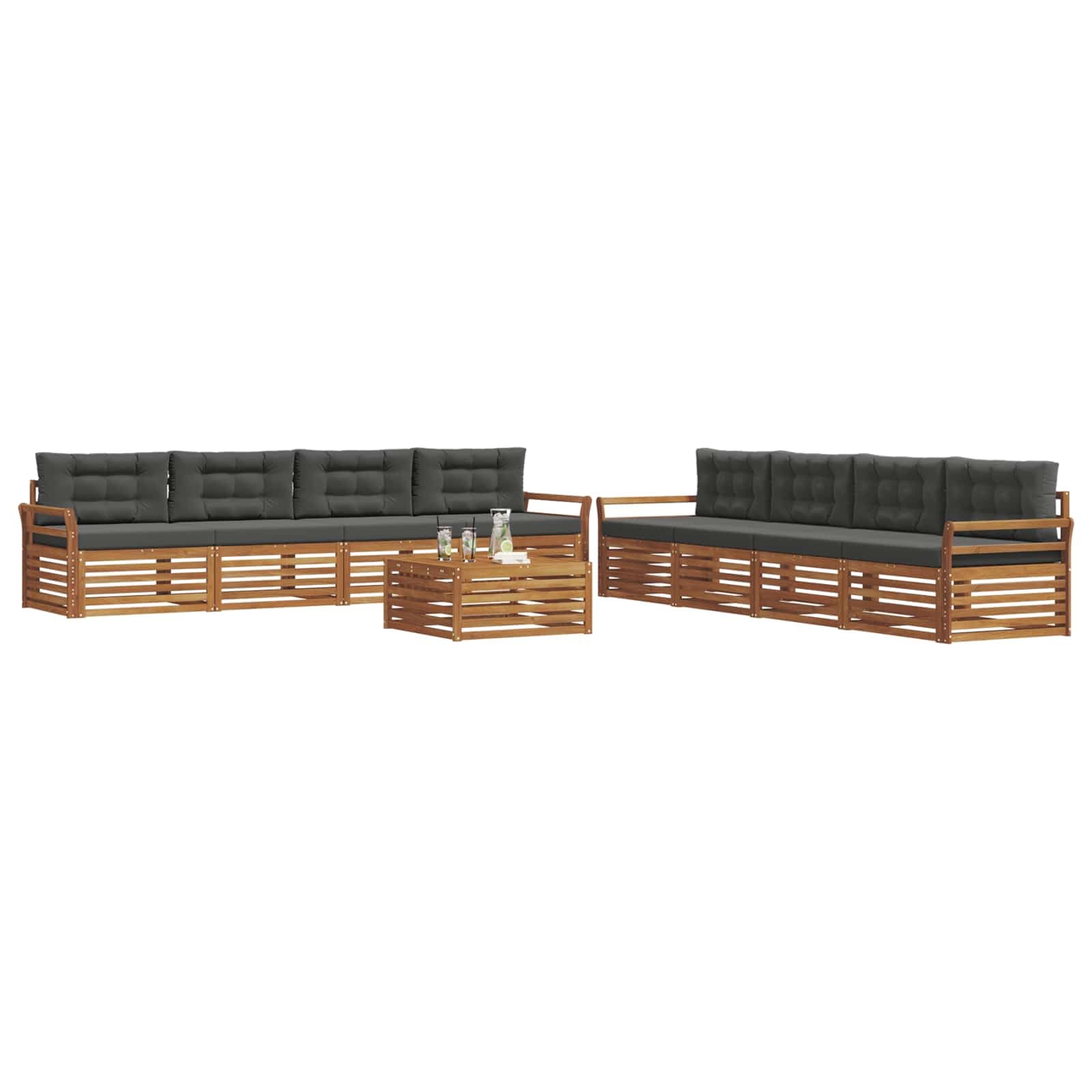 Conjunto de sofás de Exterior 9 pcs Madera de Acacia Natural y Antracita con Cojines modulares para terraza jardín hogar diseño listonado y Respaldo cómodo