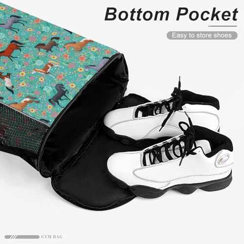 Horse Flower Drawstring Backpack Gym Bag With Shoe Compartment String Bag Sport Beach Swimming Sackpack For Women Men3