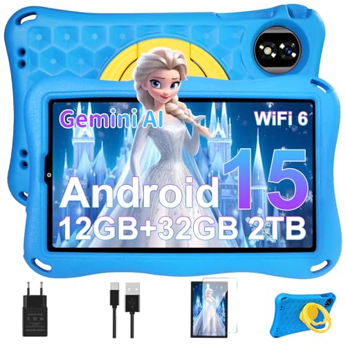 Kinder Tablet 9 Zoll Android 15 Gemini AI, 12GB RAM + 32GB ROM (TF 1TB), Octa-Core, 2.0GHz,GMS Certified, 5G WiFi 6, Widevine L1, 5000mAh, BT5.0, 8+5MP, Kindersicherung Tablet mit EVA Case-Blau