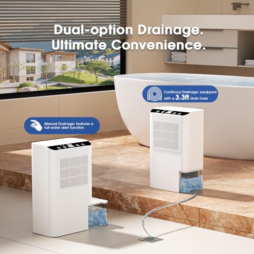 Image of 2000 Sq.Ft Small Dehumidifier with 3.3ft Drain Hose, 2.5L Tank, Timer Sleep Mode, Portable Dehumidifier for Basement, Bedroom, Bathroom (Pure White)