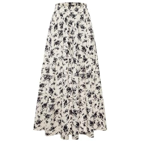 Arolina Maxi Skirt for Women Summer Boho Elastic High Waist Pleated A-Line Flowy Ruffle Swing Tiered Long Beach Skirt Dress Small Black Floral
