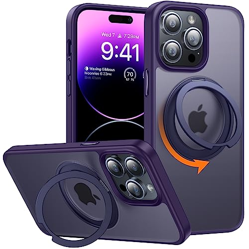 TORRAS 360° Rotatable Ring for iPhone 14 Pro Max Phone Case [Compatible with Magsafe] with Stand, Military Grade Shockproof Translucent Back Slim, Purple