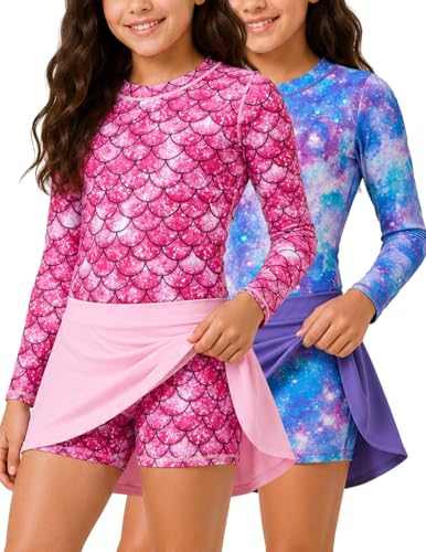 Image of Liberty Pro Girls Two Piece Swimsuits Long Sleeve Rash Guard Set, UPF 50+ Bathing Suit with Swim Shorts for Toddler and Teens