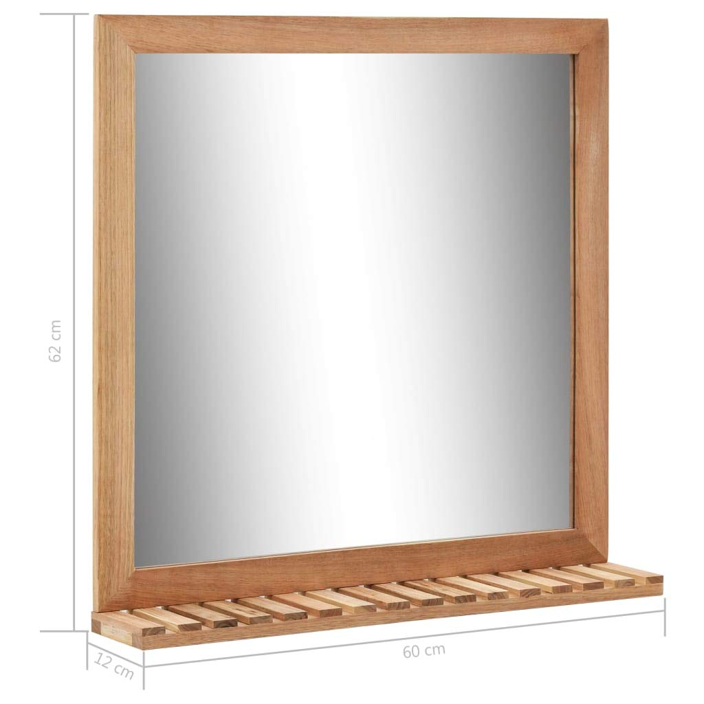 Badezimmerspiegel aus Walnuss Massivholz 60×12×62 cm mit Regal, Wandspiegel für Bad, Schlafzimmer, Flur, Ankleidezimmer, dekorativer Kosmetikspiegel für Styling und Rasur