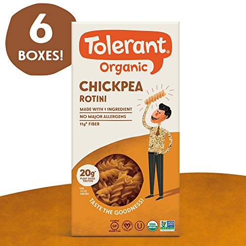 Tolerant Organic Chickpea Rotini Pasta, 8 Ounce Box (Case of 6), Plant-Based Protein, Vegan Pasta, Single Ingredient Protein Pasta, Gluten-Free Pasta, Clean Pasta, Low Glycemic Index Pasta