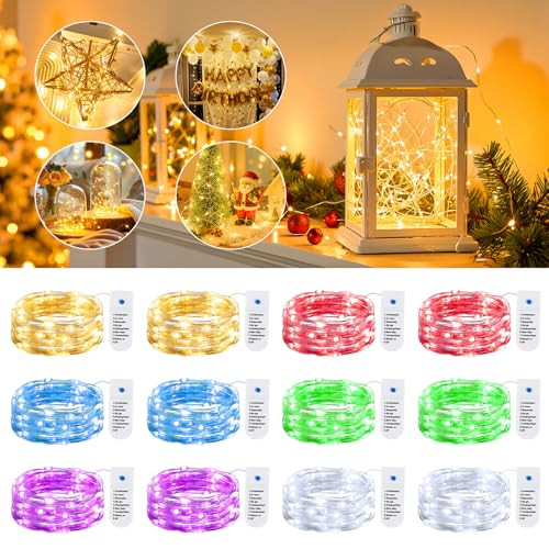 Image of Minetom 12 Pack 6 Colors Battery Operated Fairy String Lights 8 Modes | 7ft 20LED Waterproof Silver Wire Twinkle Lights, Firefly Starry Moon Lights for Mason Jars DIY Christmas Wedding Part
