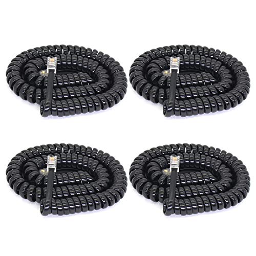 Telephone Handset Cord Detangler Cable Pure-Copper Coiled 1.2 to 10 Feet Uncoiled Landline Phone Spiral Curly Cable Extension Modular Wire Lead Standard RJ9 4p4c Plug (Black-4pcs)