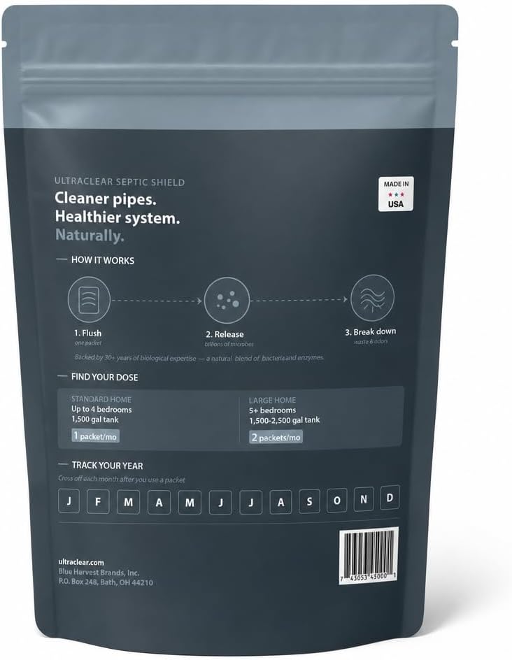 Septic Shield – Dissolvable Live Bacteria & Enzyme Septic Tank Treatment Packets – 1 Year Supply (12 Count) – Prevents Backups, Clogs & Odors – Safe All Septic Systems – Made in USA