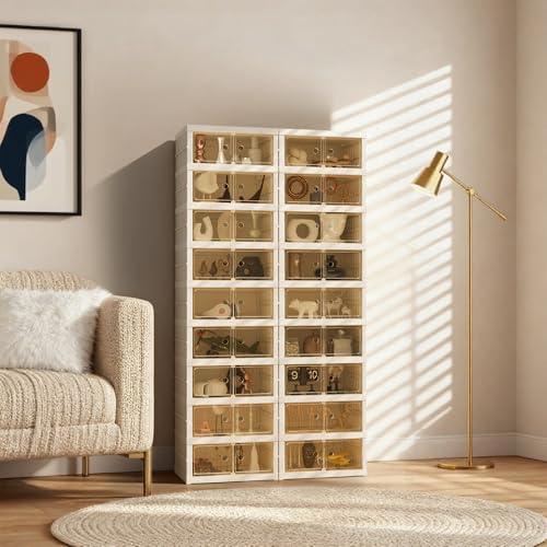 Image of Foldable Shoe Organizer Storage Box Set of 2, Portable Extra Large Folding Shoe Rack for Closet, Shoe Storage Box with Magnetic Transparent Door and Wheels, 9 Layers 18 Grids